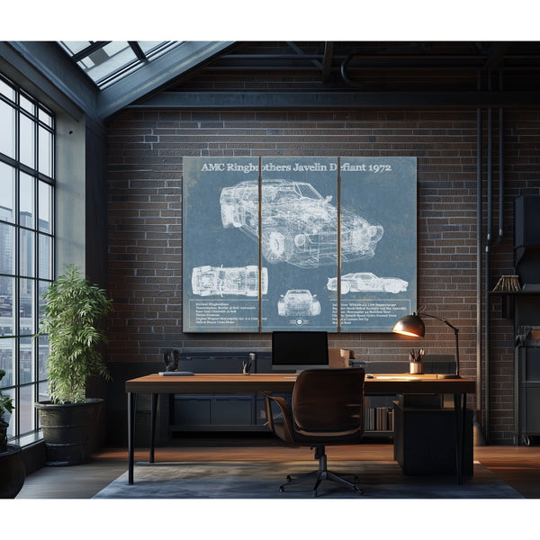 1972 AMC Ringbrothers Javelin Defiant Art Print as a 3 panel canvas wrap in an industrial loft office