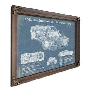 1972 AMC Ringbrothers Javelin Defiant Art Print in a Bourbon stained wood frame with antique gold corners
