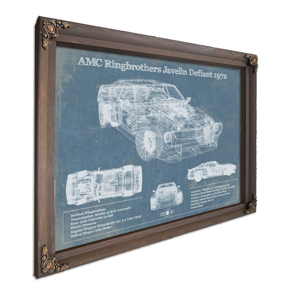 1972 AMC Ringbrothers Javelin Defiant Art Print in a Bourbon stained wood frame with antique gold corners