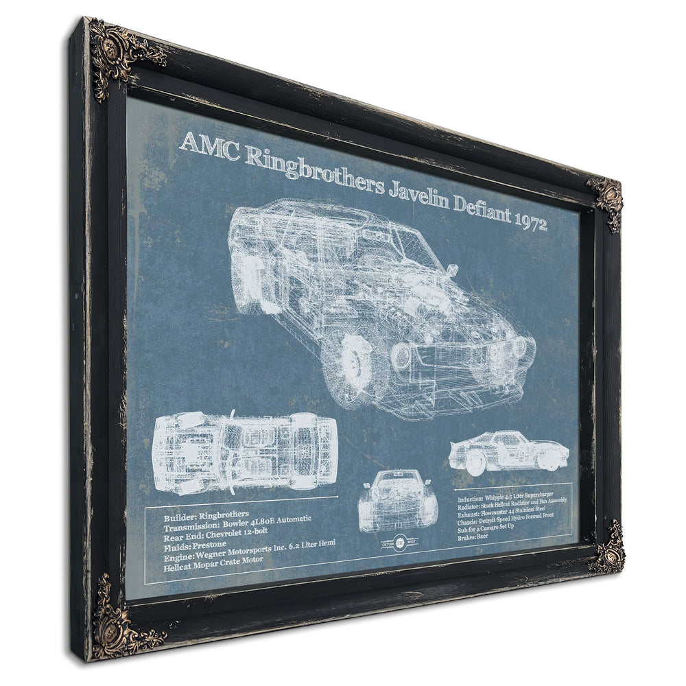 1972 AMC Ringbrothers Javelin Defiant Art Print in a distressed Vintage Black wood frame with ornate corners