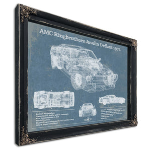 1972 AMC Ringbrothers Javelin Defiant Art Print in a distressed Vintage Black wood frame with ornate corners