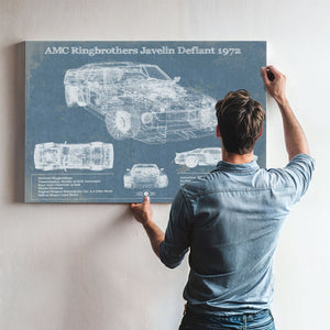 1972 AMC Ringbrothers Javelin Defiant Art Print framed in Vintage Black above a mid-century record console