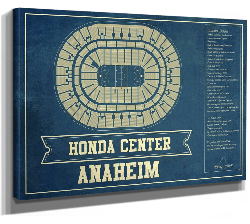14" x 11" / Stretched Canvas Wrap Cutler West Anaheim Ducks - Honda Center Vintage Hockey Blueprint NHL Print