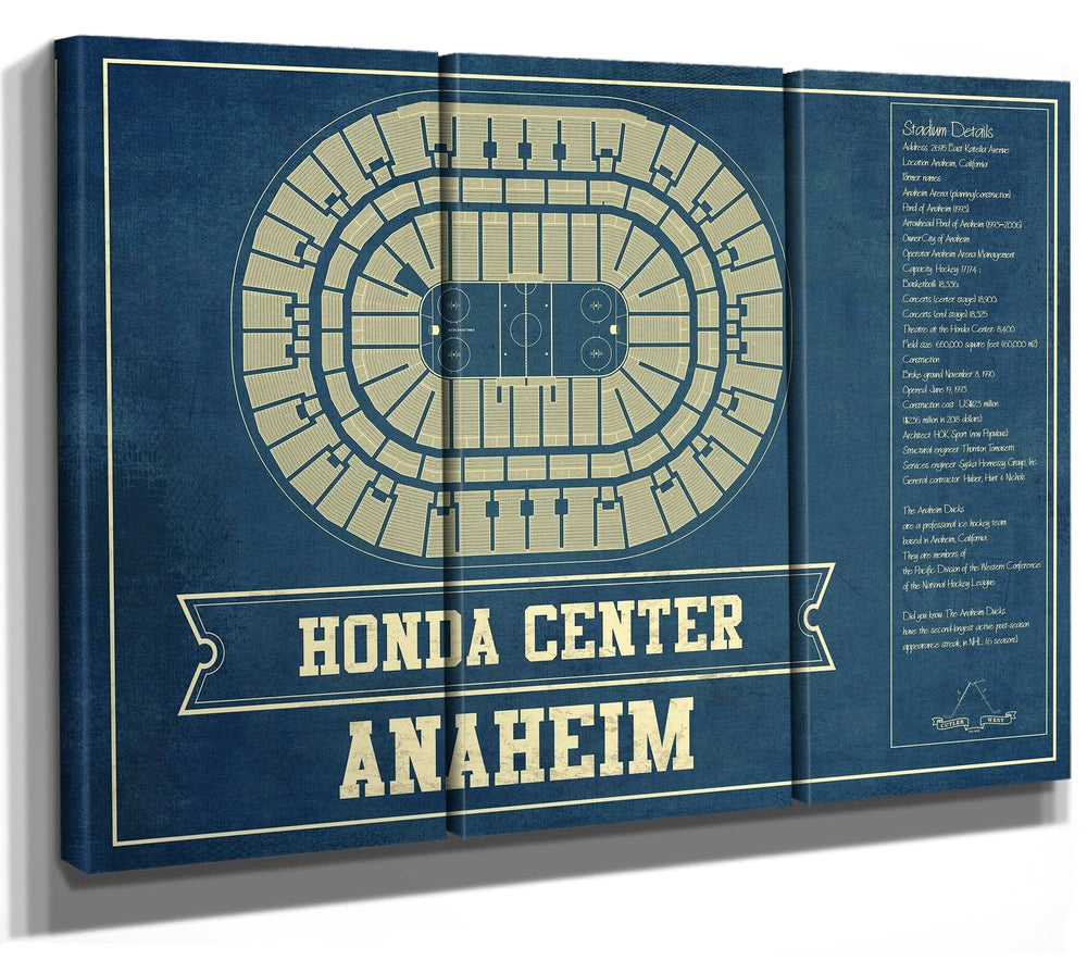 14" x 11" / Stretched Canvas Wrap Cutler West Anaheim Ducks - Honda Center Vintage Hockey Blueprint NHL Print