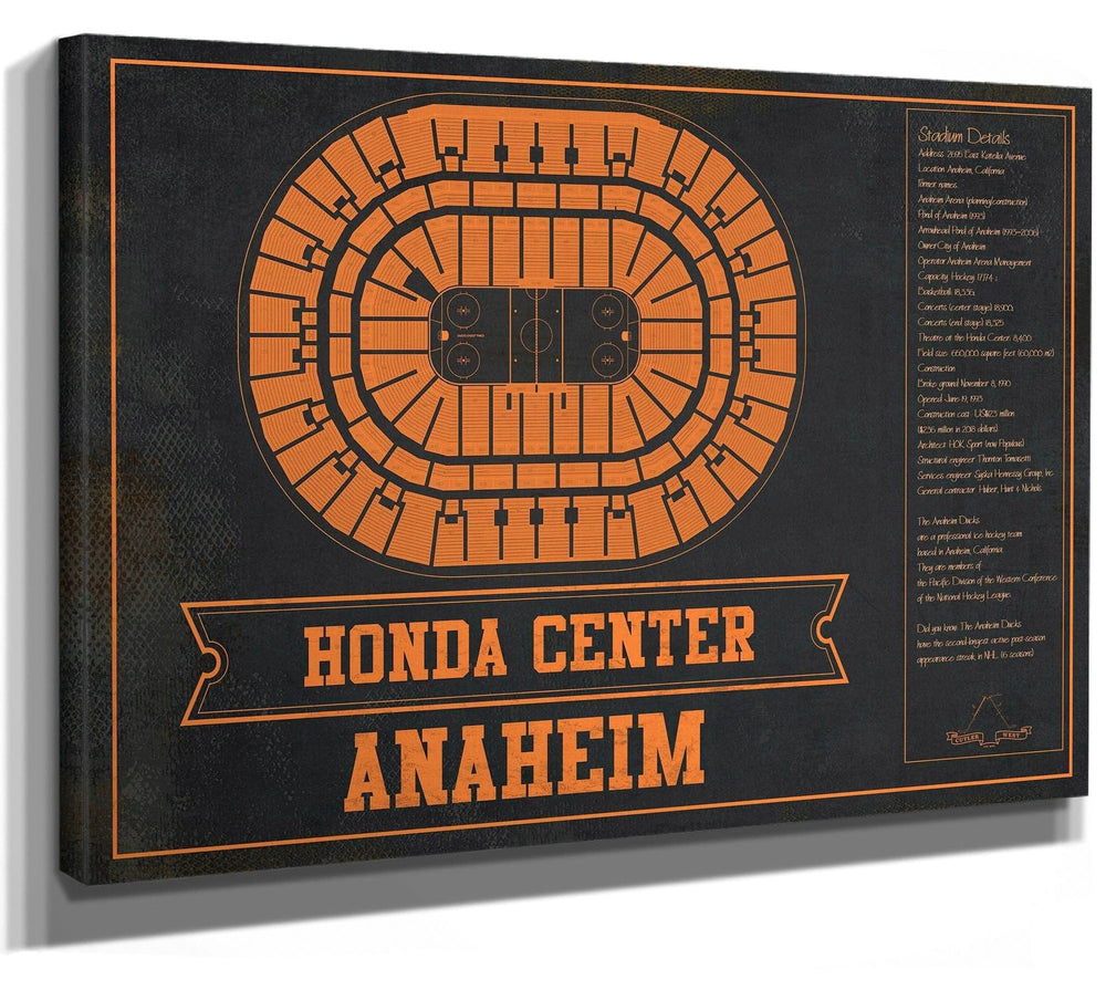 14" x 11" / Stretched Canvas Wrap Cutler West Anaheim Ducks Team Colors - Honda Center Vintage Hockey Blueprint NHL Print