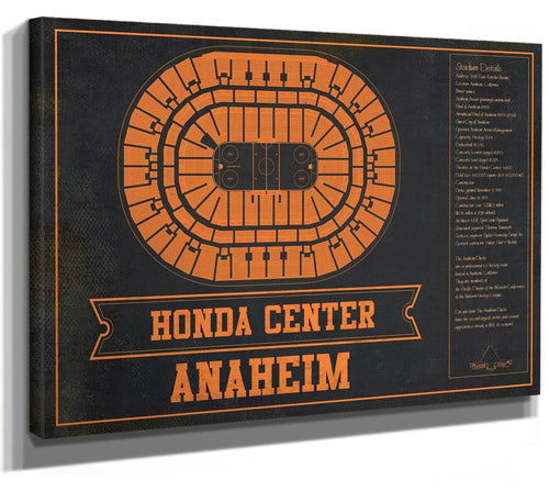 14" x 11" / Stretched Canvas Wrap Cutler West Anaheim Ducks Team Colors - Honda Center Vintage Hockey Blueprint NHL Print