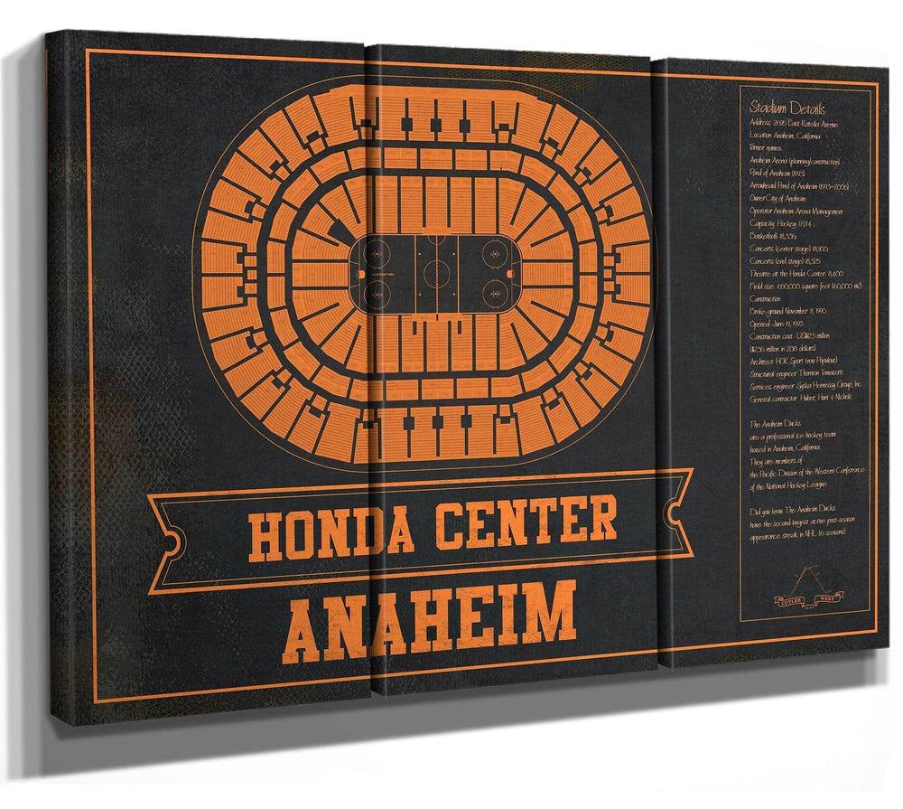 14" x 11" / Stretched Canvas Wrap Cutler West Anaheim Ducks Team Colors - Honda Center Vintage Hockey Blueprint NHL Print
