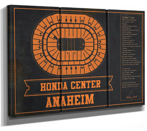 36" x 24" / 3 Panel Canvas Wrap Cutler West Anaheim Ducks Team Colors - Honda Center Vintage Hockey Blueprint NHL Print