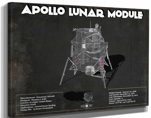 14" x 11" / Stretched Canvas Wrap Cutler West Apollo Lunar Module (LEM) NASA Aviation Blueprint Print