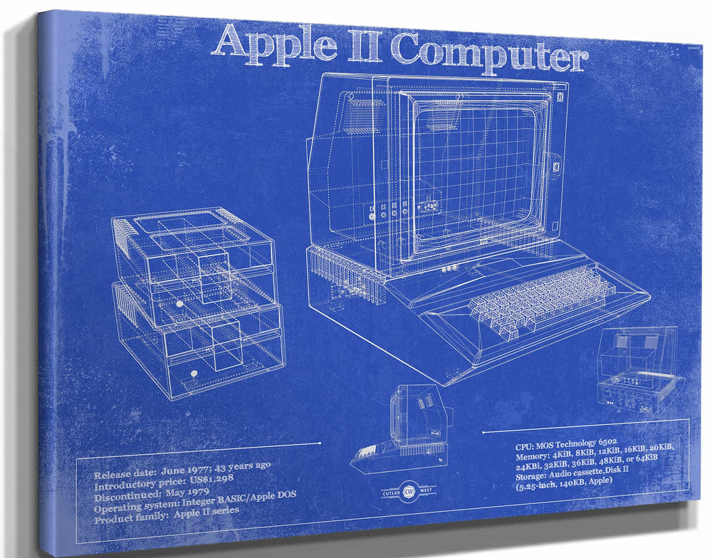 14" x 11" / Stretched Canvas Wrap Cutler West Apple II Computer Vintage Blueprint Art