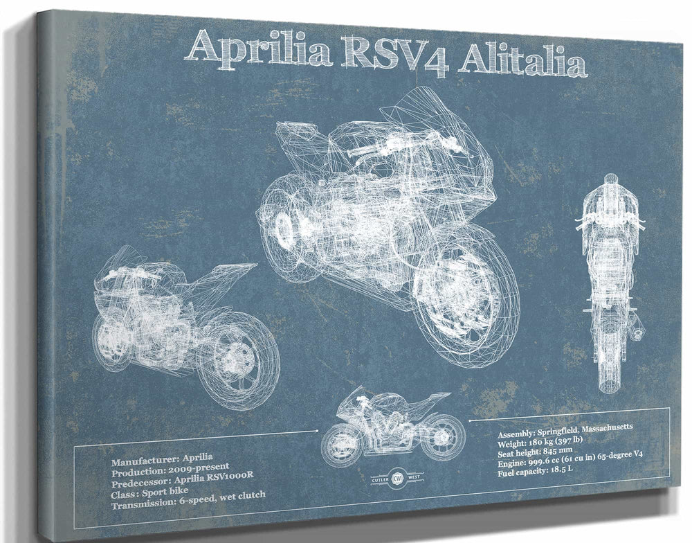 14" x 11" / Stretched Canvas Wrap Cutler West Aprilia RSV4 Alitalia Blueprint Motorcycle Patent Print