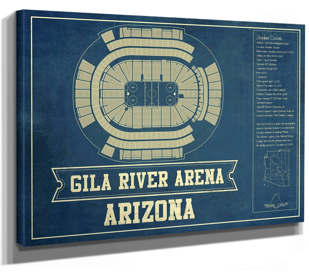 14" x 11" / Stretched Canvas Wrap Cutler West Arizona Coyotes - Gila River Arena Vintage Hockey Blueprint NHL Print