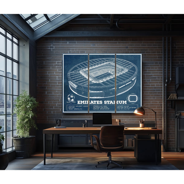 Arsenal Football Club Emirates Stadium Print as a 3 panel canvas wrap in an industrial loft office