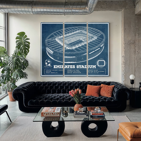 Arsenal Football Club Emirates Stadium Print as a 3 panel canvas wrap in a modern living room