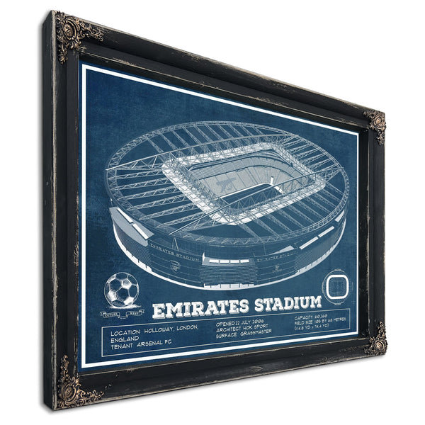 Arsenal Football Club Emirates Stadium Print in a distressed Vintage Black wood frame with ornate corners