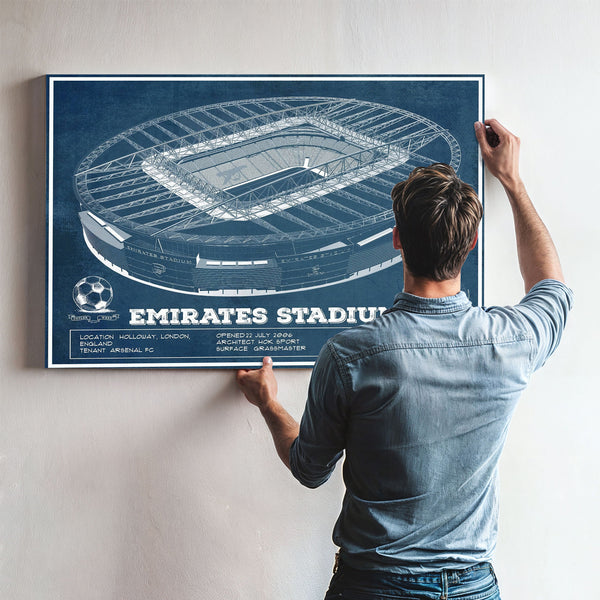 Arsenal Football Club Emirates Stadium Print framed in Vintage Black above a mid-century record console
