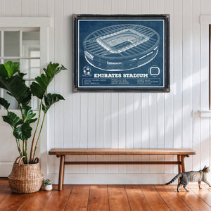 Arsenal Football Club Emirates Stadium Print framed in Vintage Black above a rustic console table