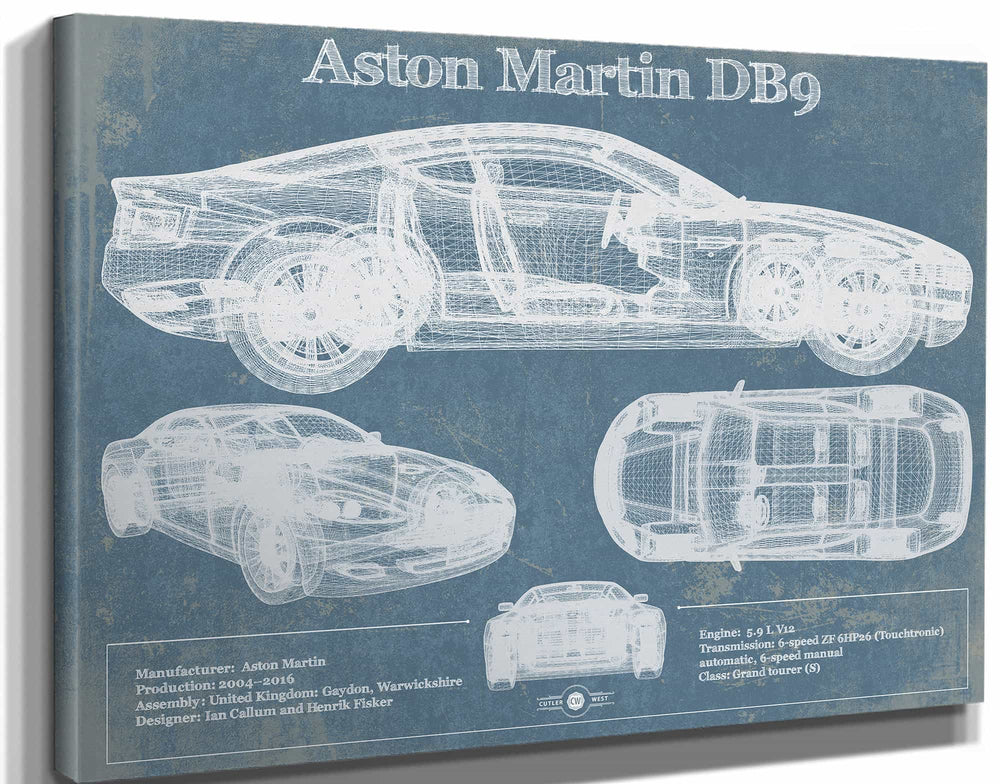 14" x 11" / Stretched Canvas Wrap Cutler West Aston Martin DB9 Blueprint Vintage Auto Print