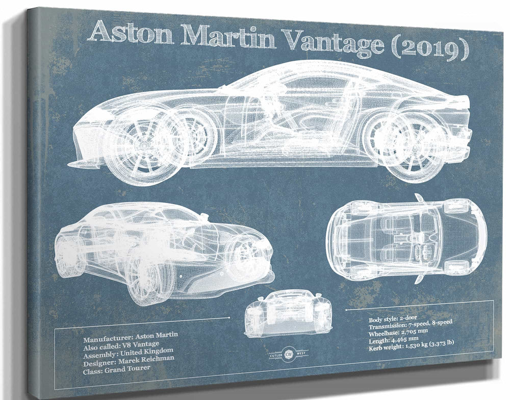 14" x 11" / Stretched Canvas Wrap Cutler West Aston Martin Vantage (2019) Vintage Blueprint Auto Print