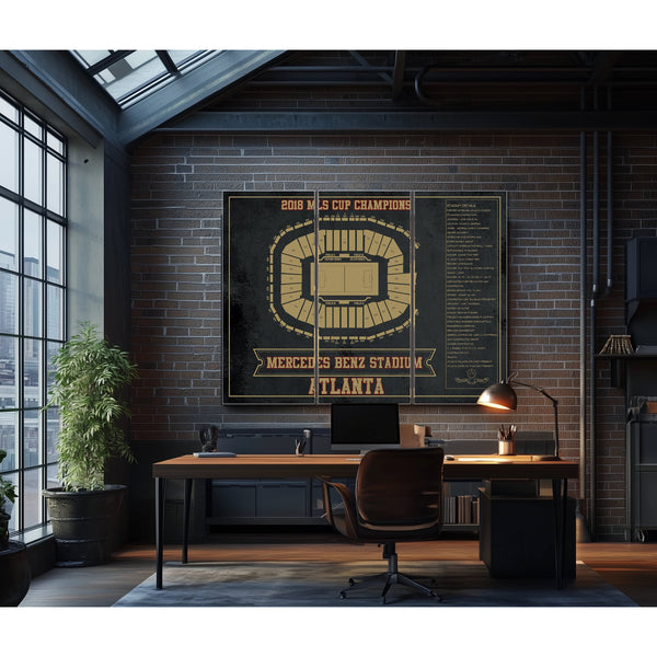 Atlanta United FC - Mercedes-Benz Stadium Print as a 3 panel canvas wrap in an industrial loft office