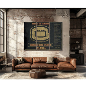 Atlanta United FC - Mercedes-Benz Stadium Print as a 3 panel canvas wrap above a leather sofa