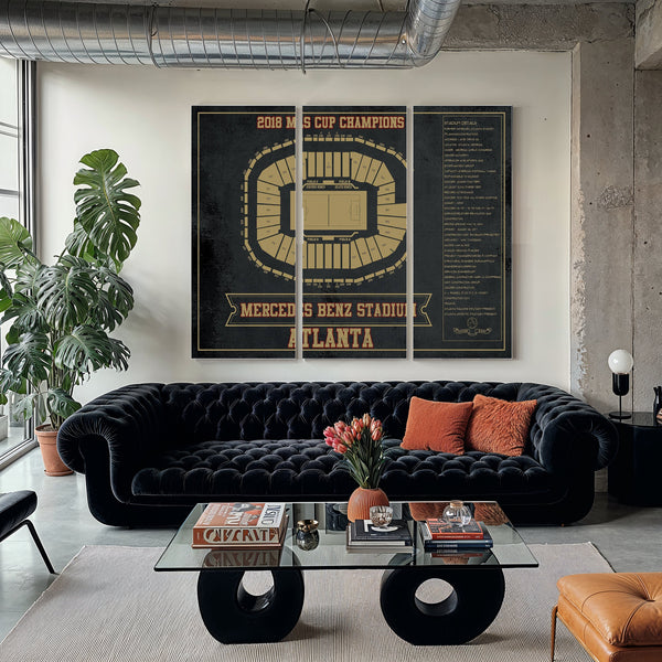 Atlanta United FC - Mercedes-Benz Stadium Print as a 3 panel canvas wrap in a modern living room
