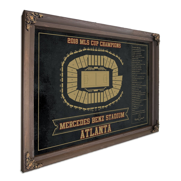 Atlanta United FC - Mercedes-Benz Stadium Print in a Bourbon stained wood frame with antique gold corners