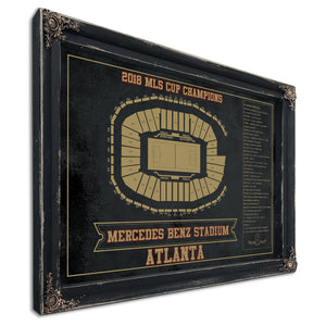 Atlanta United FC - Mercedes-Benz Stadium Print in a distressed Vintage Black wood frame with ornate corners