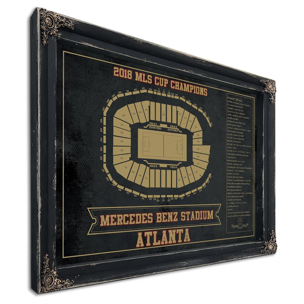 Atlanta United FC - Mercedes-Benz Stadium Print in a distressed Vintage Black wood frame with ornate corners