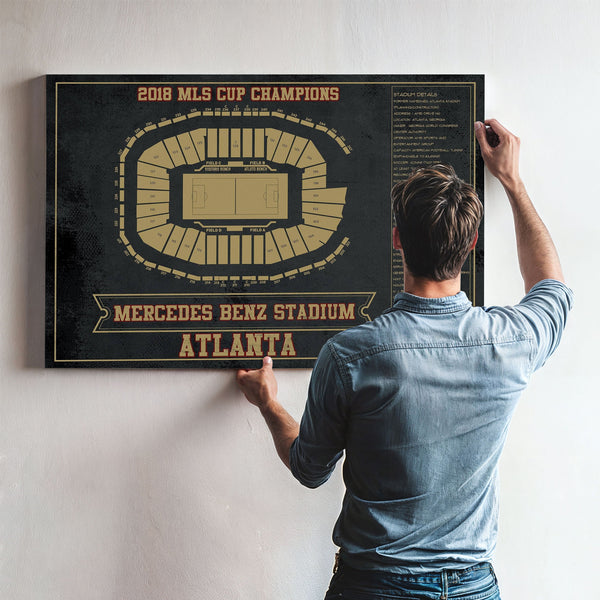 Atlanta United FC - Mercedes-Benz Stadium Print framed in Vintage Black above a mid-century record console