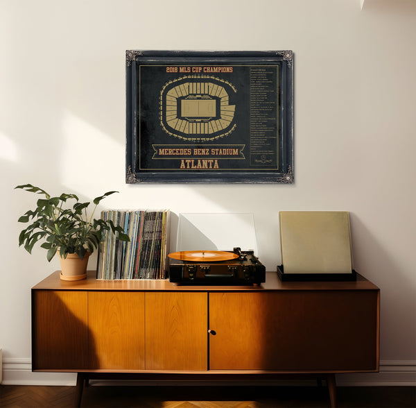 Atlanta United FC - Mercedes-Benz Stadium Print framed in Vintage Black in a loft bedroom
