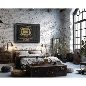 Atlanta United FC - Mercedes-Benz Stadium Print framed in Vintage Black in a farmhouse entryway