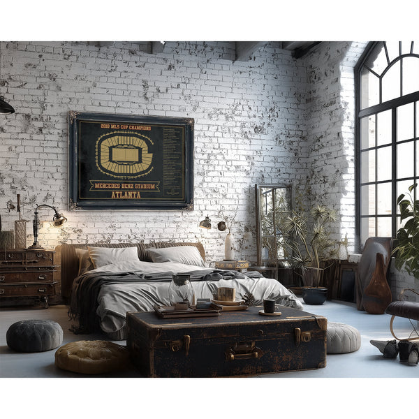 Atlanta United FC - Mercedes-Benz Stadium Print framed in Vintage Black in a farmhouse entryway