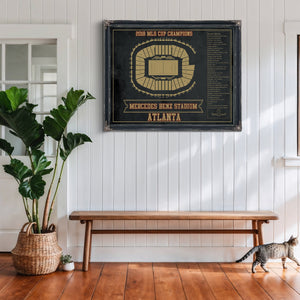 Atlanta United FC - Mercedes-Benz Stadium Print framed in Vintage Black above a rustic console table