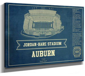 14" x 11" / Stretched Canvas Wrap Cutler West Auburn Tigers - Jordan-Hare Vintage Stadium Blueprint Art Print