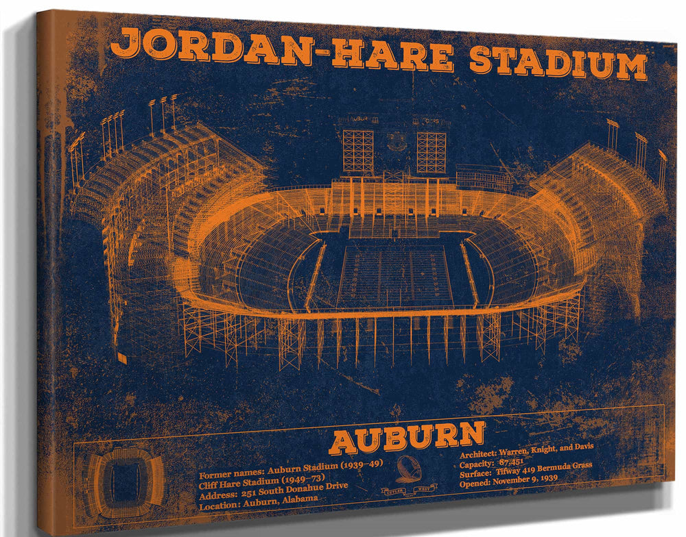 14" x 11" / Stretched Canvas Wrap Cutler West Auburn Tigers Jordan Hare Vintage Stadium Blueprint