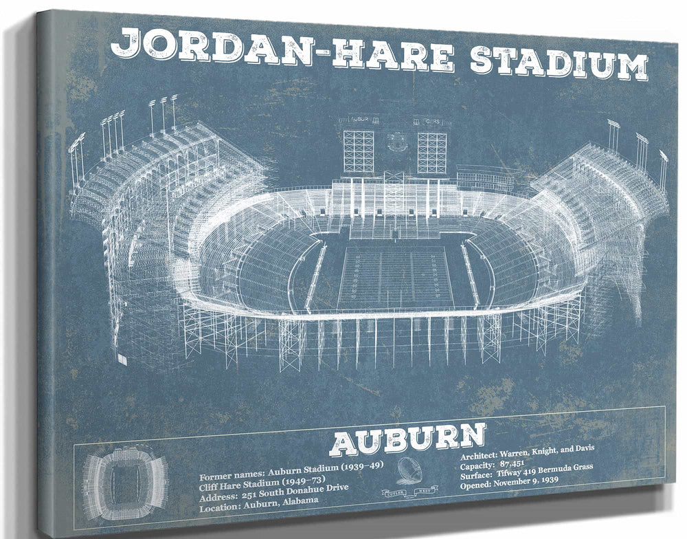 14" x 11" / Stretched Canvas Wrap Cutler West Auburn Tigers - Jordan-Hare Vintage Stadium Blueprint