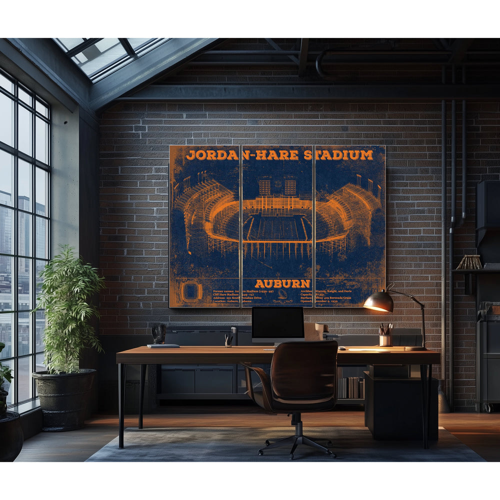 Auburn Tigers Jordan Hare Stadium Print in a distressed Vintage Black wood frame with ornate corners