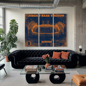 Auburn Tigers Jordan Hare Stadium Print as a 3 panel canvas wrap in a modern living room