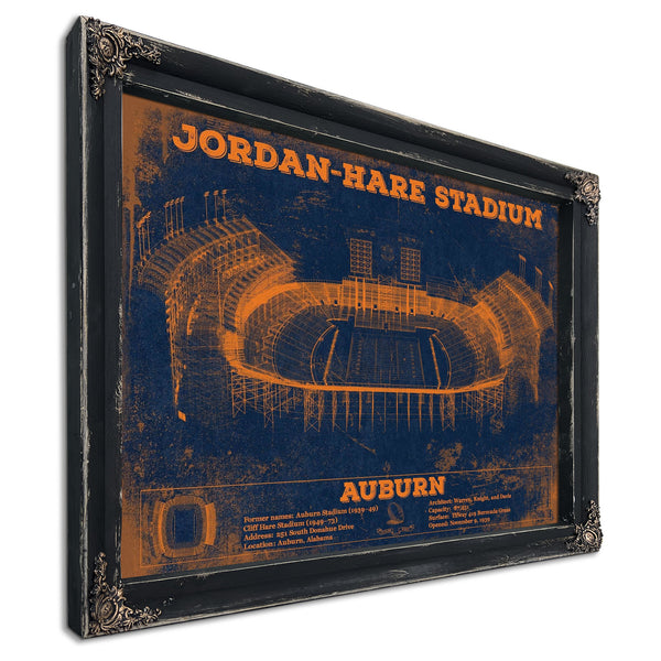 Auburn Tigers Jordan Hare Stadium Print in a distressed Vintage Black wood frame with ornate corners