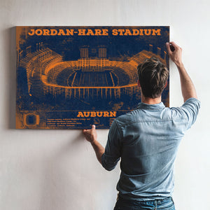 Auburn Tigers Jordan Hare Stadium Print framed in Vintage Black above a mid-century record console