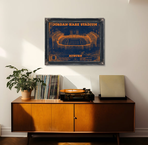 Auburn Tigers Jordan Hare Stadium Print framed in Vintage Black in a loft bedroom