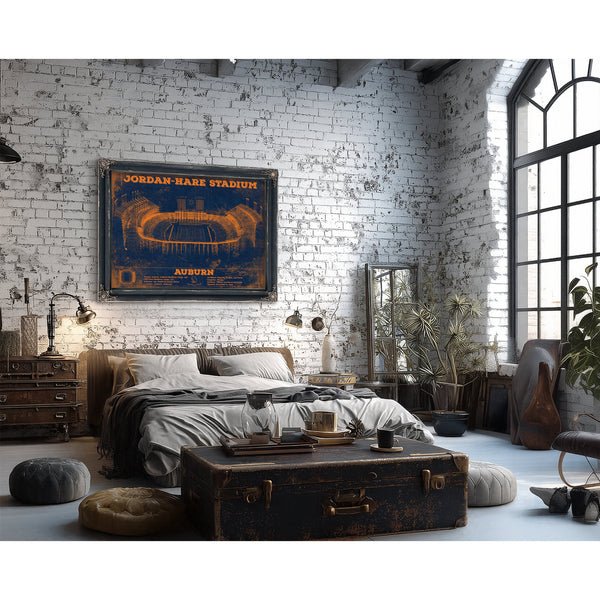 Auburn Tigers Jordan Hare Stadium Print framed in Vintage Black in a farmhouse entryway
