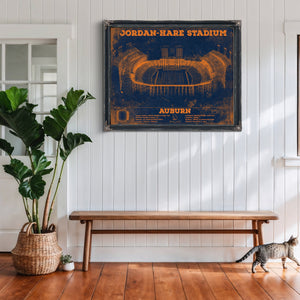 Auburn Tigers Jordan Hare Stadium Print framed in Vintage Black above a rustic console table