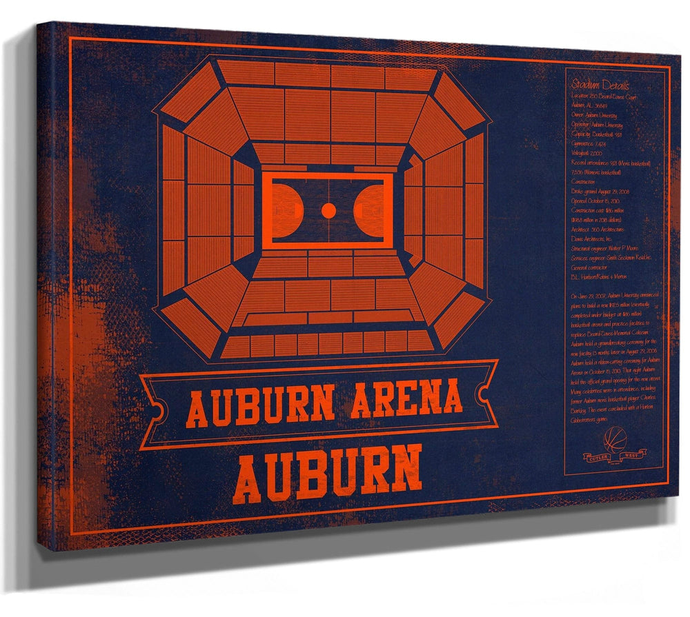 14" x 11" / Stretched Canvas Wrap Cutler West Auburn Tigers Team Color Auburn Arena Vintage Stadium Blueprint