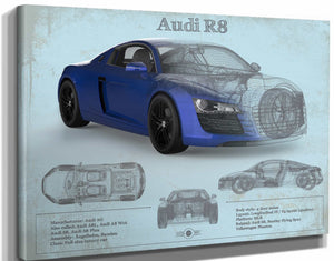 14" x 11" / Stretched Canvas Wrap Cutler West Audi R8 Blue Vintage Blueprint Auto Print
