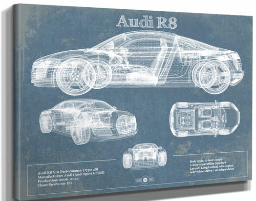 14" x 11" / Stretched Canvas Wrap Cutler West Audi R8 Vintage Blueprint Auto Print