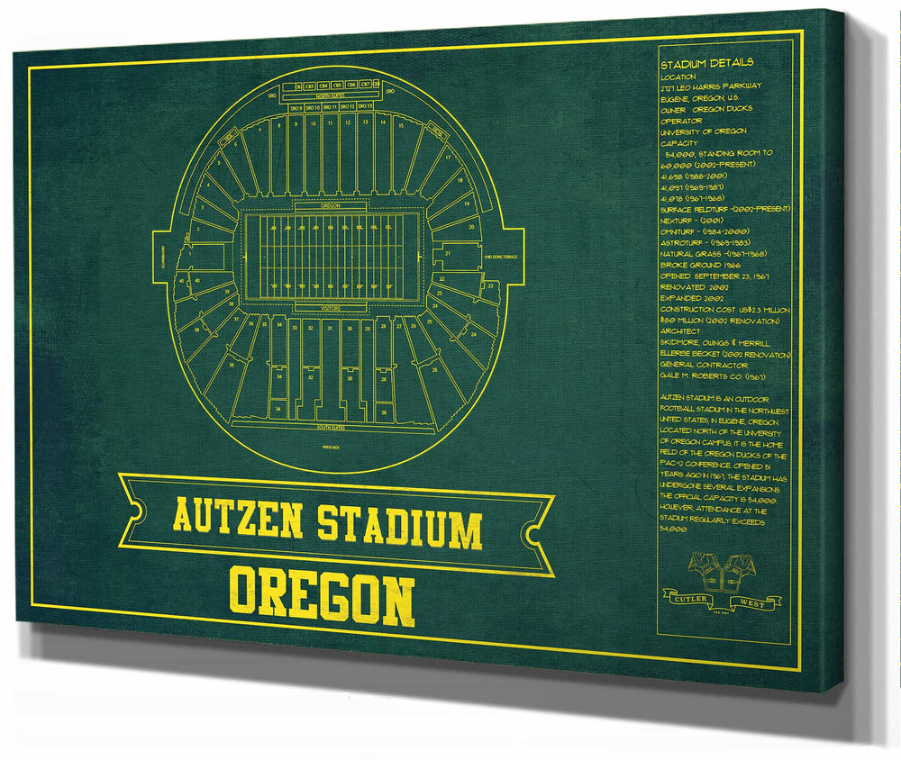 14" x 11" / Stretched Canvas Wrap Cutler West Autzen Stadium Blueprint Team Color Art Chart - Oregon Ducks Football Fan Print