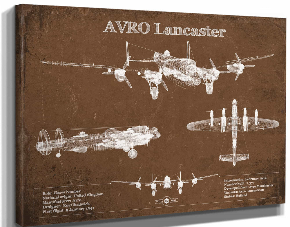 14" x 11" / Stretched Canvas Wrap Cutler West AVRO Lancaster UK Heavy Bomber Blueprint Original Military Wall Art