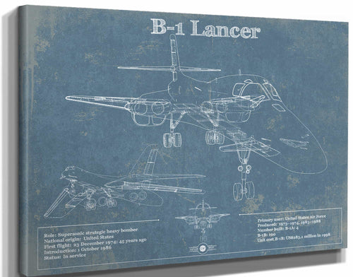 14" x 11" / Stretched Canvas Wrap Cutler West B-1 Bomber Patent Blueprint Original Military Wall Art